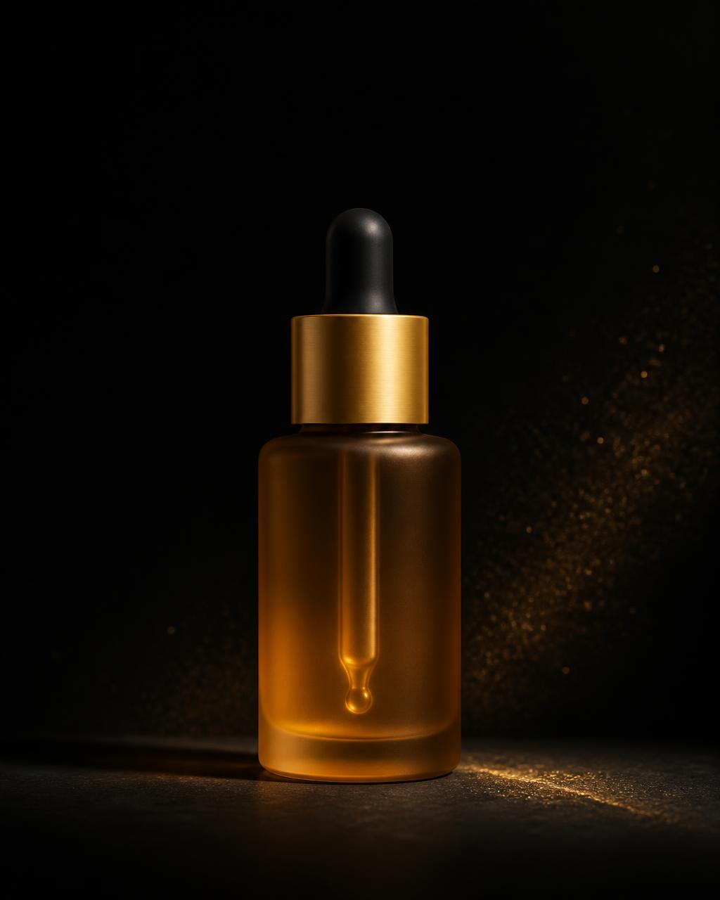 Amber glass serum bottle with gold cap on a matte black surface